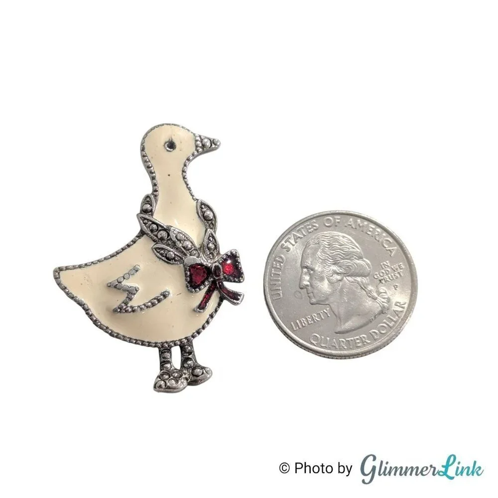 Vintage Lia Duck Brooch – White Enamel Goose Pin with Red Bow & Marcasite Accent